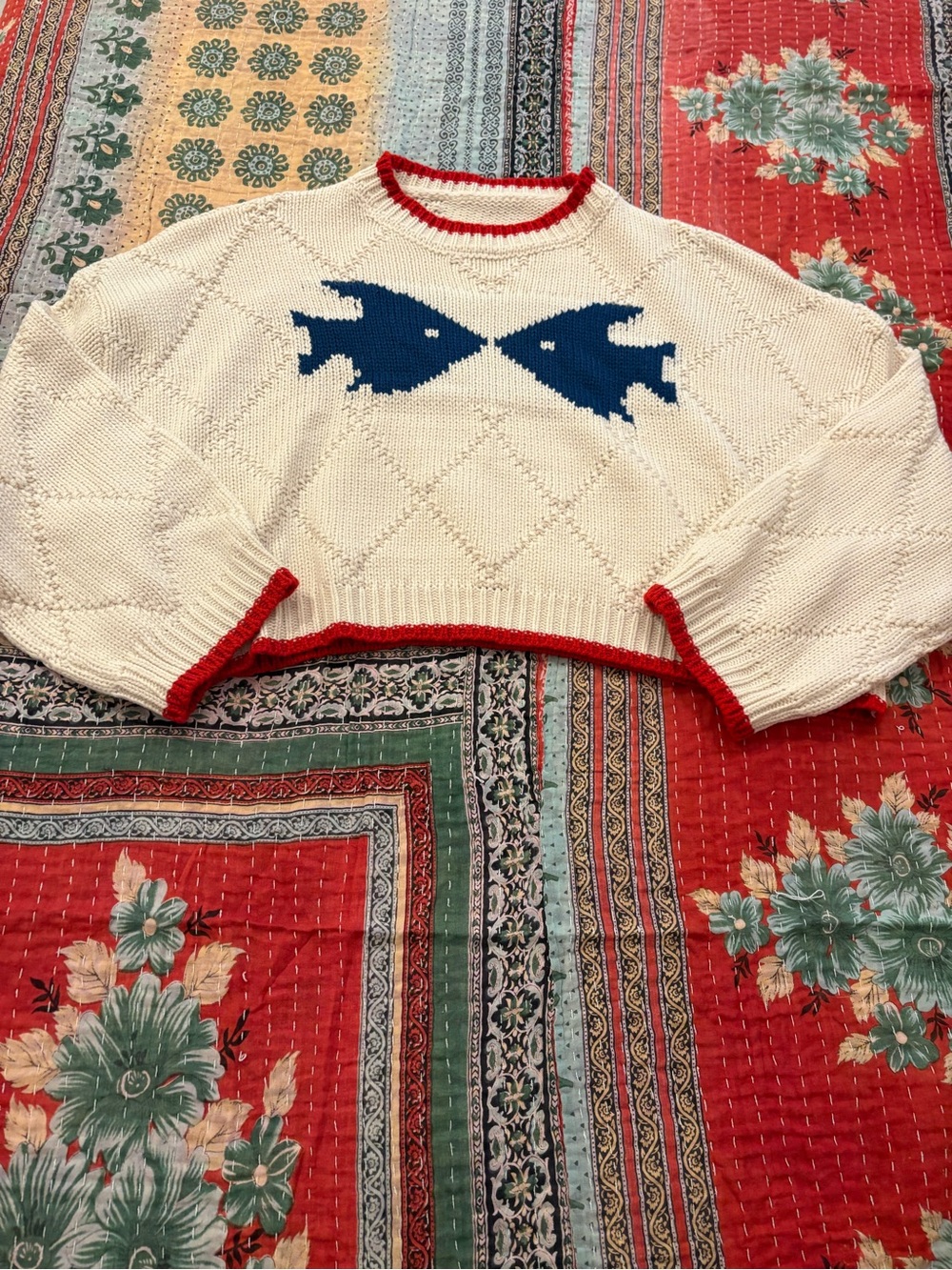 Boutique Cream Crewneck Sweater with Blue Fish Motif and Red Trim